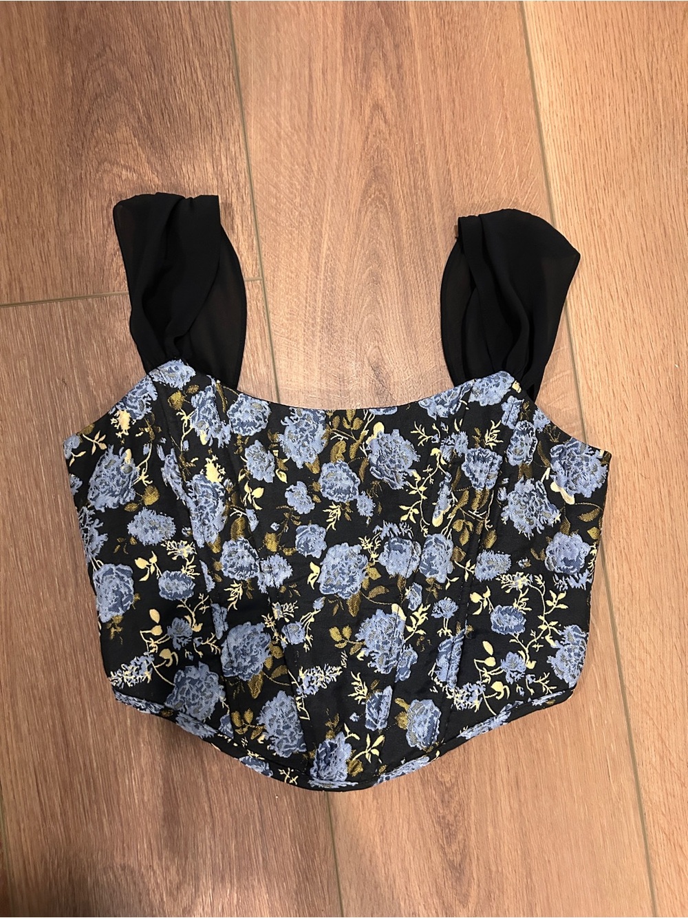 Vici Black Floral Square-Neck Corset Top with Blue and Gold Accents NWOT